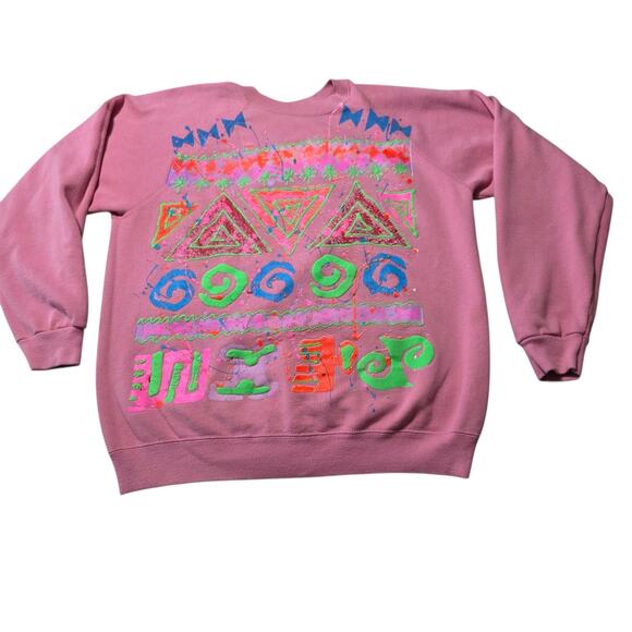 Vintage 80s Hanes Sweatshirt L Neon Abstract Geometric Graphic Pink Retro... - Picture 1 of 7